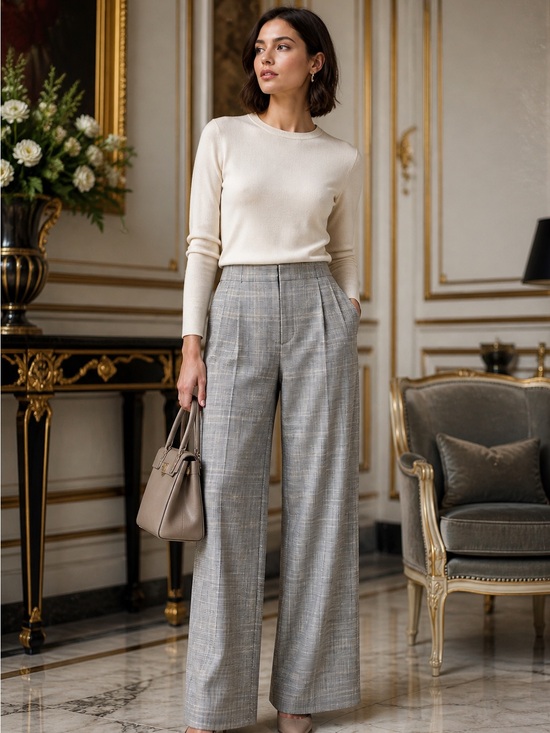 Aritzia Pants - Aritzia Gray Plaid Wide-Leg Trousers Preppy Business